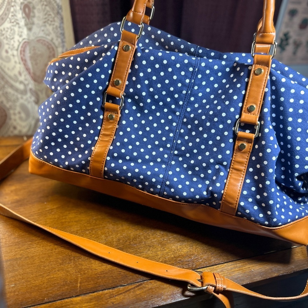 Stylish Navy Polka Dot Travel Bag with Tan Details​ - Picture 7 of 12